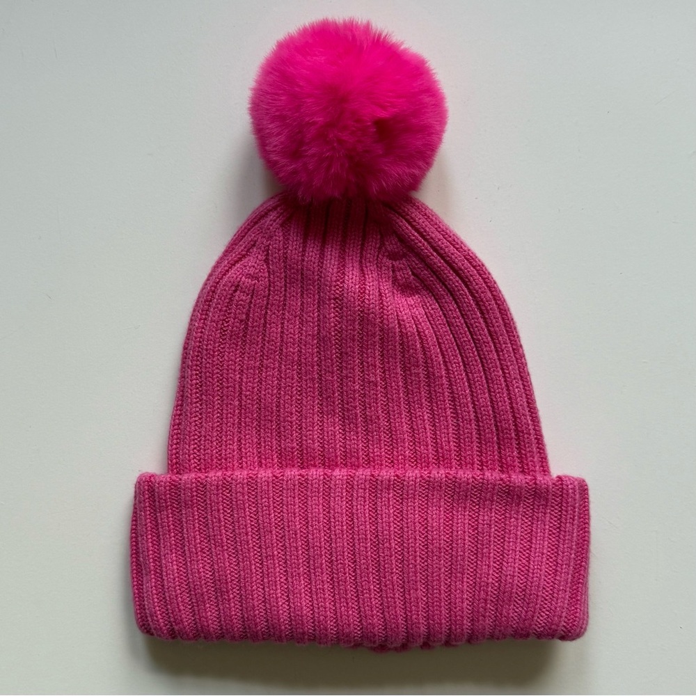 Jacadi Girls Pink Ribbed Knit Hat with Pompom - Size 10-12Y